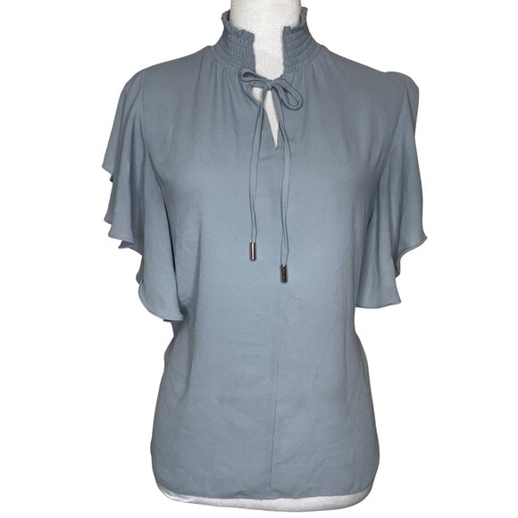 Tahari Slate Blue Balloonsleeve Tie Mock Neck Chiffon Blouse Occasion Sz Medium - Picture 1 of 11